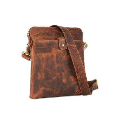 Imagem de ROCHERE Bolsa tiracolo masculina fina de couro – Bolsa tiracolo vintage com alça ajustável e design de vários bolsos – compacta e elegante
