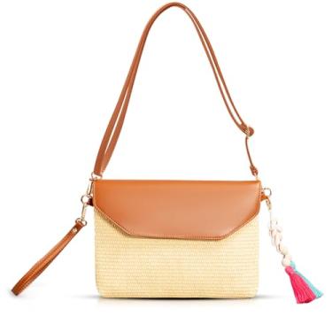 Imagem de QTKJ Bolsas clutch para mulheres, bolsa de palha feita à mão boêmia, bolsas transversais de couro dobrável com chaveiro de borla, pacote de envelope de tecido inclui alça de ombro longa ajustável e