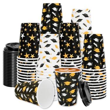 Imagem de JarThenaAMCS Conjunto de 72 xícaras de café descartáveis de graduação com tampas 340 g chapéu de graduação preto dourado diploma estrelas copos de papel para bebidas quentes e frias
