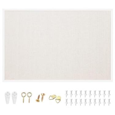 Imagem de OWLKELA Quadro de avisos de linho de 61 x 91 cm, quadro de cortiça com moldura branca, quadro de cortiça de linho com moldura de carvalho branco, quadro de visão e quadro decorativo para pendurar