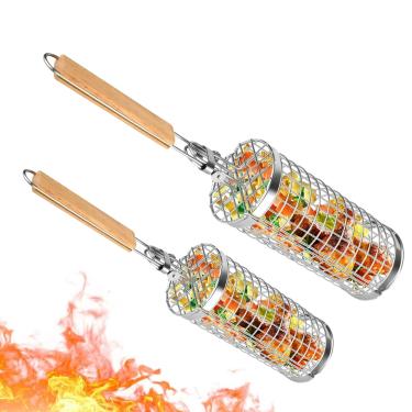 Imagem de Cestos Para Grelhar Embutidos Com Rodas - Cesto Para Grelhar Legumes,2 Peças Em Aço Inoxidável Com Cabo De Para Churrasco Ao Ar Livre