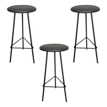 Imagem de Kit 3 Banquetas Retro Ferro Industrial Assento Madeira 70cm - Aluminiu