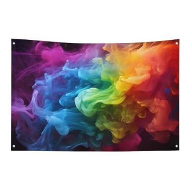 Imagem de Bandeira de fumaça arco-íris 119 x 178 cm sem desbotamento bandeira de boas-vindas bandeiras de jardim, quintal, casa, decorativo, jardim, quintal, bandeira, interior, exterior, festa, decoração de