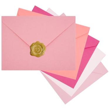 Imagem de Pacote com 50 envelopes pequenos coloridos pequenos envelopes de convite A7 com adesivos dourados para cartões e convites, 5 cores (rosa)