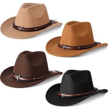 Imagem de Foaincore 4 peças chapéu de cowboy ocidental unissex de feltro de pele sintética chapéu fedora outback aba larga boné de viagem de feltro para homens e mulheres, Multicor, M