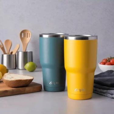 Imagem de Copo Térmico Parede Dupla em Aço Inox Amarela 350ml com Base Antiderrapante - Estilo Texturizado