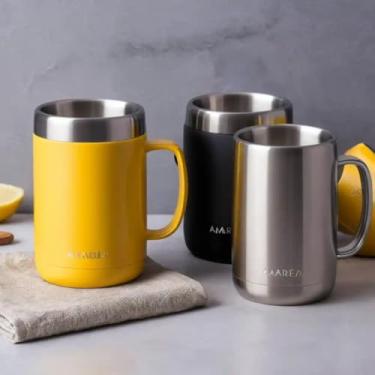 Imagem de Caneca Térmica Parede Dupla em Aço Inox Amarela 350ml com Tampa Hermética - Estilo Premium