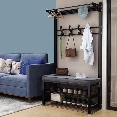 Imagem de Cabide De Metal Com Banco De Sapato E Gancho, Banco De Entrada Multifuncional Com Cabide, Fácil De Montar Para Sala De Estar, Corredor 80/100 * 33 * 172 Cm, Black Grey, 80 cm