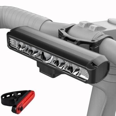 Imagem de AKALATE Luzes de bicicleta super brilhantes para passeios noturnos, luz de bicicleta de 2600 lúmens, dianteiro e traseiro, conjunto de farol e lanterna traseira recarregável USB C, luz de barra de LED