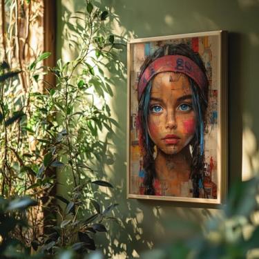 Imagem de Quadro Decorativo Menina Olhos Azuis Com Moldura Retrato Colorido Arte Urbana Expressiva Pintura Moderna Impactante Infantil