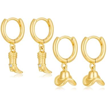 Imagem de COORWEEL Brincos femininos de chapéu ocidental dourado e botas de caubói com argolas penduradas estilo country joias