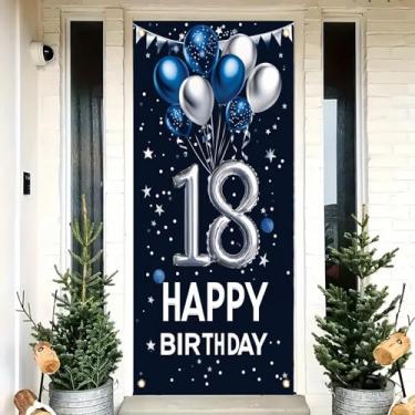 Imagem de Saoplasa Decoração de porta de aniversário de 18 anos 188 x 89 cm Bandeira de balão azul e prata para artigos de festa de 18 anos feliz 18 anos decoração de parede para meninas e meninos