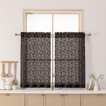 Imagem de Chyhomenyc Cortinas transparentes de chocolate 91 cm de comprimento, cortina de cozinha pequena para janela com filtro de luz tufada texturizada sobre a pia, cortinas curtas de meia janela para porão