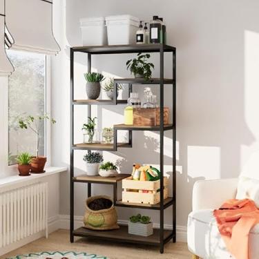 Imagem de Beskadi Estante Industrial de Madeira de Pinho - Estante Escalonada de 7 Camadas, Estilo Vintage Marrom Rústico, 139 cm A, Organizador de Prateleiras para Sala de Estar