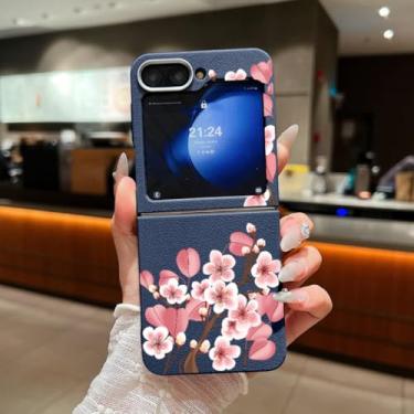 Imagem de Capa para Samsung Galaxy Z Flip 5 com estampa floral, textura de couro, dobrável, capa de celular de TPU macio (para Samsung Galaxy Z Flip 5/A745, azul)