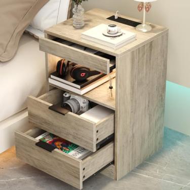 Imagem de Gadroad Mesa de cabeceira de LED com estação de carregamento, mesa de cabeceira com 3 gavetas e luzes de LED, mesa lateral de sofá com prateleira removível, cinza