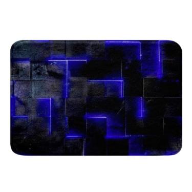 Imagem de Erosebridal Tapete de banheiro azul real e preto, tapete de banho quadriculado geométrico 3D para meninos e meninas, conjunto de tapete de banho quadrado neon abstrato 40,6 x 61 cm, tapete de porta de