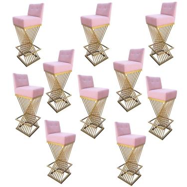 Imagem de Kit 10 Banquetas Luma Base De Ferro Sued Rosa Bebê D'classe Decor