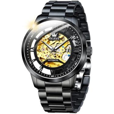 Imagem de OLEVS Relógio masculino automático esqueleto diamante luxuoso mecânico automático relógio de pulso à prova d'água luminoso, G6728: Pulseira preta e mostrador preto