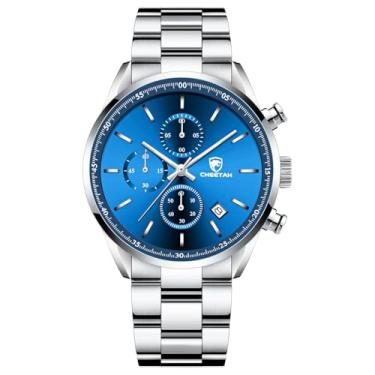 Imagem de Relógio Masculino Analógico Cheetah 1607 Original Minimalista Com Cronógrafo Calendário Data (Prata e Azul)