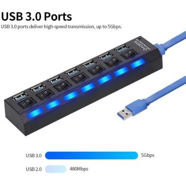 Imagem de HUB USB, 7 portas USB 3.0 HUB USB Splitter 7 portas expansor com switch para PC 3.0