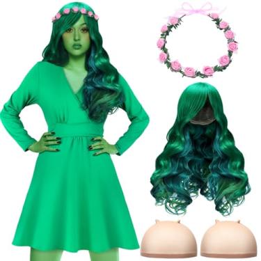 Imagem de Skicuff 5 peças de acessórios de fantasia de mãe natureza para o Dia das Bruxas, vestido longo de peruca verde, coroa de flor, mãe terra, roupas femininas, Principalmente verde, M