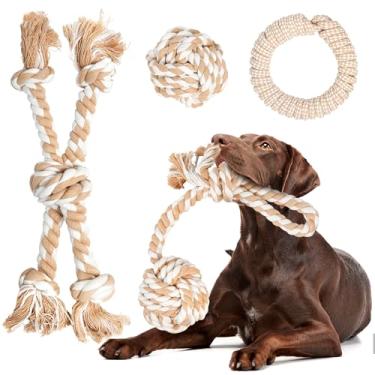 Imagem de Fida Brinquedos de corda para cães resistentes para mastigadores agressivos, pacote com 4 peças – Brinquedos de mastigar cães de algodão natural para cães grandes, cabo de guerra e buscar bola/anel/nó
