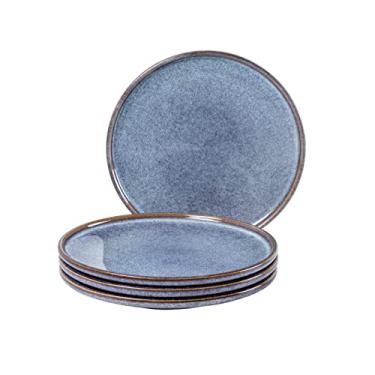 Imagem de UNICASA Pratos de sobremesa de cerâmica - Conjunto de 4 pratos de salada de jantar, conjunto de pratos redondos de 21 cm para tigelas de macarrão - Conjunto de louça de grés azul para cozinha,