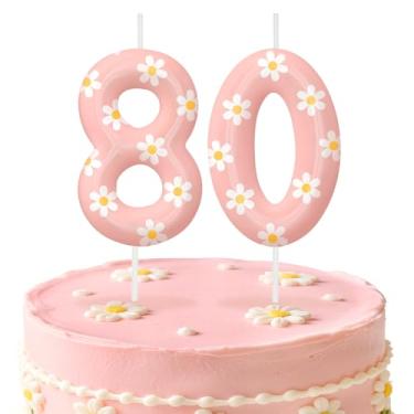 Imagem de Velas de aniversário rosa número 80, enfeite de bolo com tema de margarida para meninos e meninas, decorações de aniversário, suprimentos de festa, velas numéricas para decoração de festa