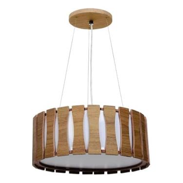 Imagem de Pendente Ripado de Madeira Luminária de Teto Suspensa com Cabo Ajustável 1m para Sala de Jantar e Estar (Freijó, 40 cm)