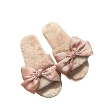 Imagem de BEAUDRM Chinelos femininos com nó de laço felpudo, bico aberto, ambientes internos e externos, quarto, casa, Rosa empoeirado, 38