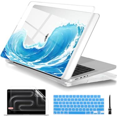Imagem de Batianda Capa para MacBook Pro de 16 polegadas versão 2024 2023 2021 com chip M4 M3 M2 M1 Pro/Max, capa rígida transparente com design elegante com capa de teclado e protetor de tela, ondas azuis