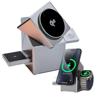 Imagem de Carregador Sem Fio 3 em 1 Magnético, Estação de Carregamento Indução Portátil Giratório Compatível com Magsafe iPhone 16, 15, 14, 13, 12, 11 Pro, Pro Max/XS/XR/XS/X/8 Plus Apple Watch e Airpods