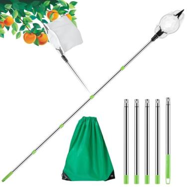 Imagem de XDINGYY Apanhador de frutas, leve, ferramenta de colheita de frutas com saco de armazenamento, apanhador de árvores de aço inoxidável com haste de 2 m/1,6 m, apanhador de jardim multiuso para colher