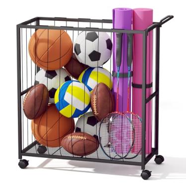 Imagem de Homsorout Caixa de armazenamento de bolas, carrinho de bolas esportivas, organizador de garagem de metal, armazenamento de cesta de bolas, gaiola de bola para garagem ou academia, organizador de