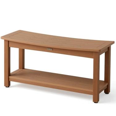 Imagem de Banco de chuveiro grande de 91 cm, banco de banho de madeira de poliéster para chuveiro interno, impermeável, cadeira de banheiro HDPS para barbear pernas com pés ajustáveis, antiderrapante e sem