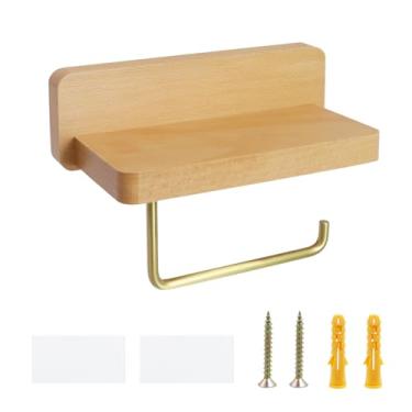 Imagem de Pastlla Suporte de toalha de papel com prateleira, organizador de cozinha e banheiro, suporte de parede para armário de madeira de faia natural para pendurar perfume, aromaterapia, celular, escova de