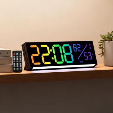 Imagem de 45MinST Relógio de parede LED de 28 cm com luz fluida RGB, segundos, data, hora, exibição de temperatura | dígitos grandes e fáceis de ler, alarmes duplos, controle remoto | Relógio digital moderno
