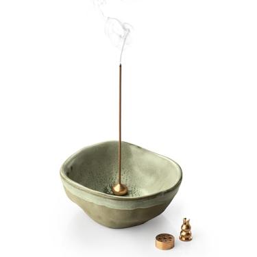 Imagem de KOKUNKA Suporte de incenso com 3 soquetes de incenso, 4 em 1, suporte de incenso de 10 cm para palitos, suporte de incenso de cerâmica para palo santo, incenso de cone, meditação, ioga, verde sálvia