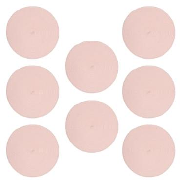 Imagem de ZFLYCANP Jogo americano trançado redondo, 8 peças, tapetes de mesa resistentes ao calor, jogo americano redondo para sala de jantar, cozinha, fazenda, restaurante, hotel, café (8 × rosa)