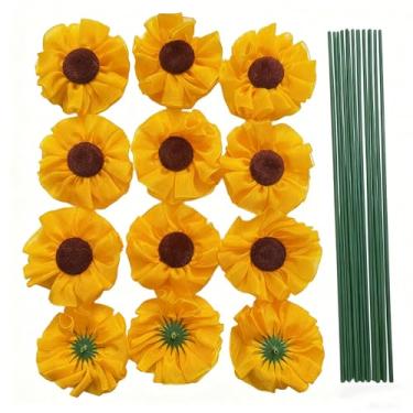 Imagem de LatinaFlorista Conjunto de girassóis artificiais, 12 flores amarelas grandes com hastes de metal, tecido acetinado, decoração interna