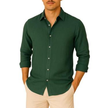 Imagem de Camisa de Linho Blusa Manga Longa Viscose Praia Masculina Muitas Cores