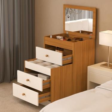 Imagem de Penteadeira Cômoda Gaveteiro Espelho Banqueta Embutido 100% MDF 3 Gaveta Compacta (Nature com Off White)