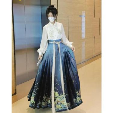 Imagem de Camisa bordada moderna azul com cara de cavalo saia tradicional Hanfu feminina dinastia Ming fantasias cosplay princesa
