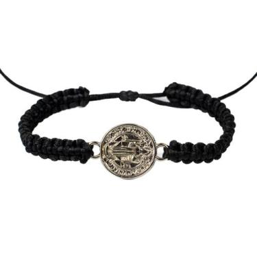 Imagem de Pulseira Macramê Preta Medalha São Bento Ajustável Metal - Lua Mística