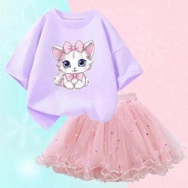 Imagem de Conjunto de 2 Peças Verão para Meninas - Camiseta de Gato e Saia Tutu,