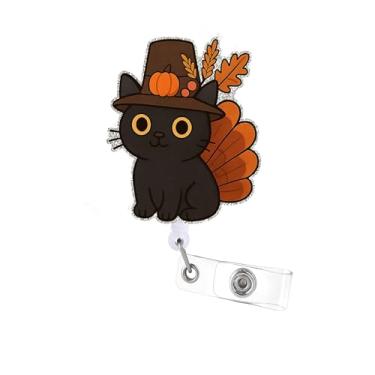 Imagem de Carretel de crachá de gato preto de Ação de Graças – Suporte de identificação retrátil de outono com clipe jacaré | Presente para enfermeiros, professores, estudantes de enfermagem, equipe médica