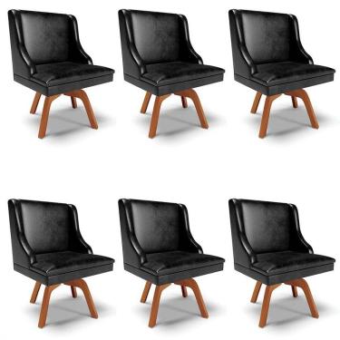 Imagem de Kit 6 Cadeiras Estofadas Base Giratória de Madeira Lia Sintético Premium Preto - Ibiza