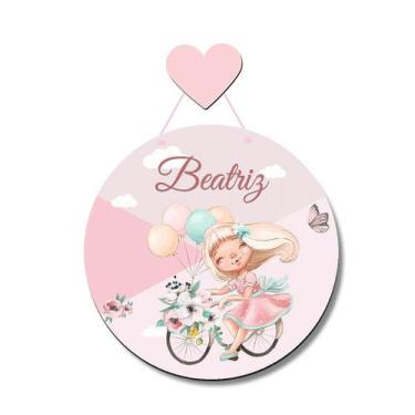 Imagem de Enfeite Porta Maternidade MDF Menina na Bicicleta em Aquarela com Nome