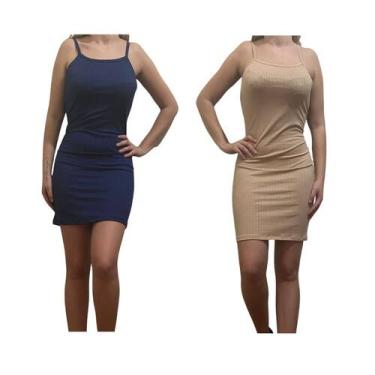 Imagem de KIT C/2 Vestidos Alcinha Canelado - Emporio J, Marinho, Areia, Unico